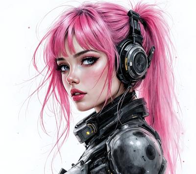 The primary subject of the image is a woman with pink hair, wearing a futuristic outfit and headphones. She is the main focus of the image. The setting is a white background, which provides a clean and minimalistic environment. The visual style is a digital art or illustration, as the woman is depicted in a detailed and artistic manner. The colors and mood of the image are predominantly pink, which adds a sense of warmth and playfulness to the scene.